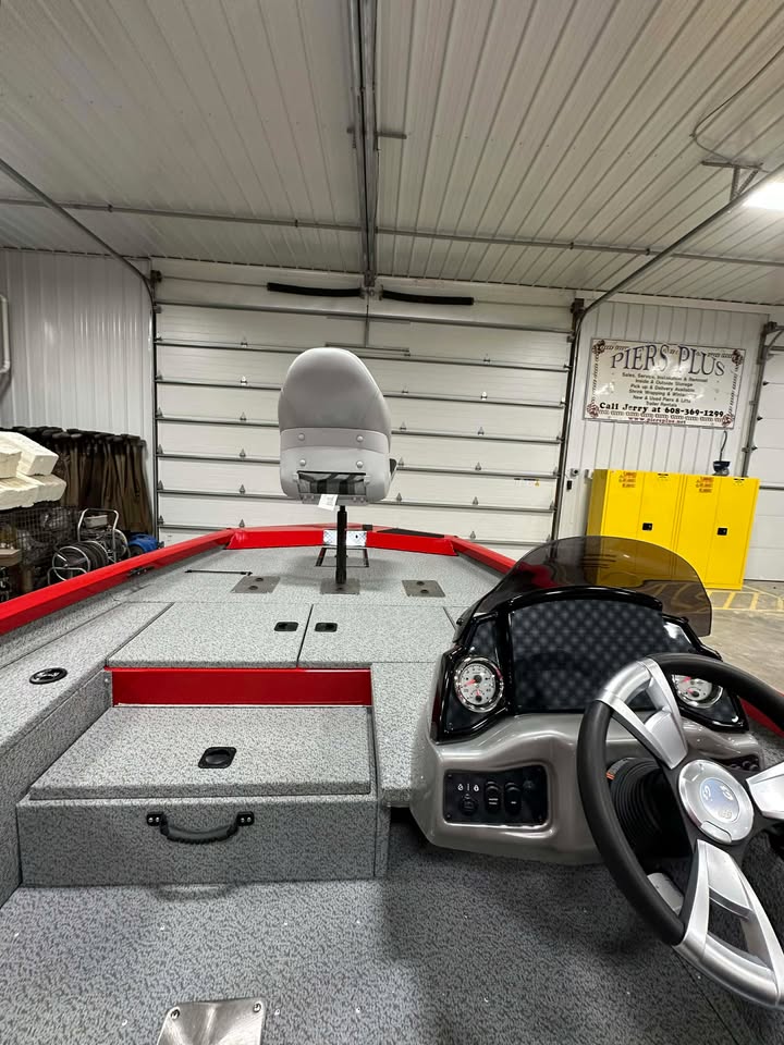 Bass boat cockpit and front deck in garage