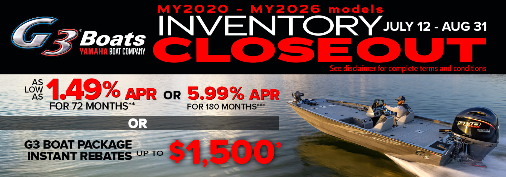 Fishing boat on water with closeout advertisement